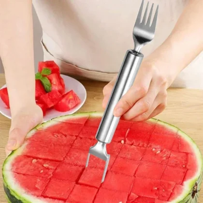 Coupe-fruits 2 en 1 en acier inoxydable, fourchette à pastèque à double tête, outil de trancheur pour Gadget de cuisine domestique, coupe-cube de Melon 2