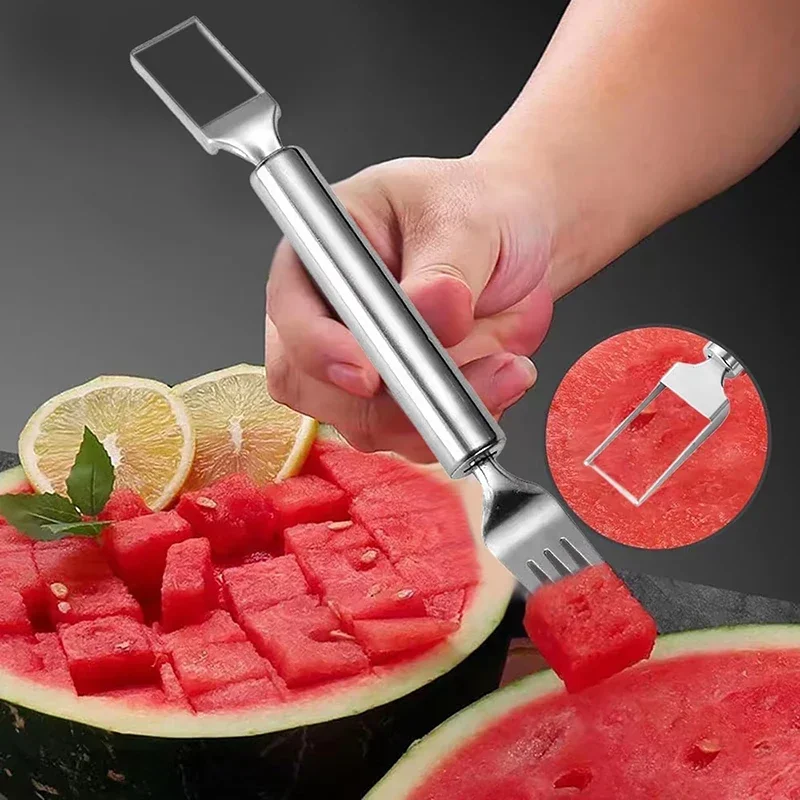 Coupe-fruits 2 en 1 en acier inoxydable, fourchette à pastèque à double tête, outil de trancheur pour Gadget de cuisine domestique, coupe-cube de Melon 3