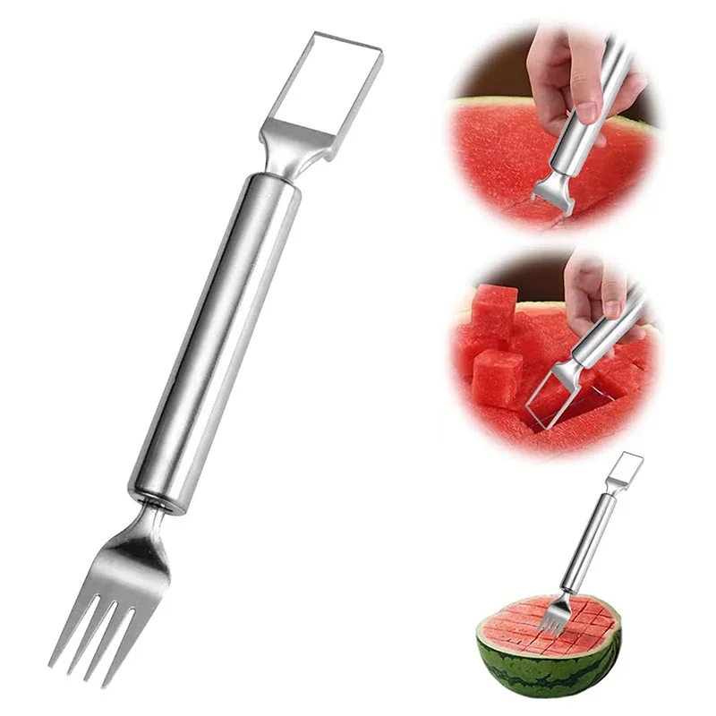 Coupe-fruits 2 en 1 en acier inoxydable, fourchette à pastèque à double tête, outil de trancheur pour Gadget de cuisine domestique, coupe-cube de Melon 1
