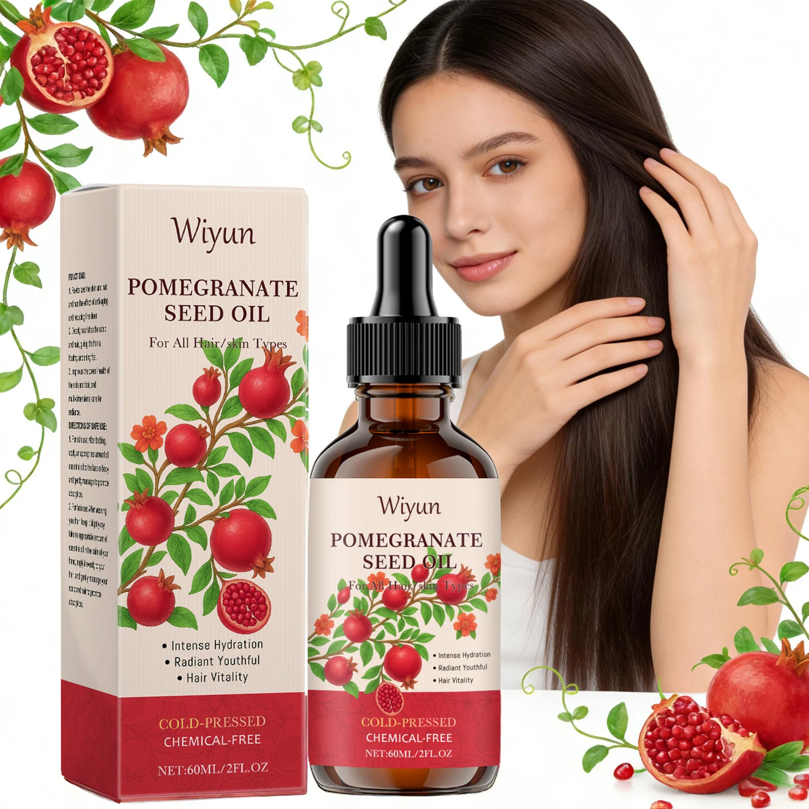 Huile de pépins de grenade pour les soins des cheveux et de la peau, nourrissante pour le cuir chevelu, augmente l'élasticité de la peau, réduit la sécheresse, huile corporelle lissante pressée à froid 4