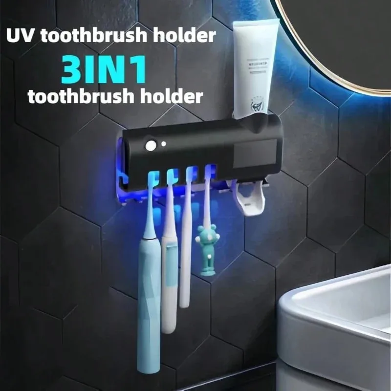 Porte-brosse à dents électrique 3 en 1, désinfection à la lumière bleue améliorée, avec distributeur de dentifrice, chargement USB mural sans perceuse 2