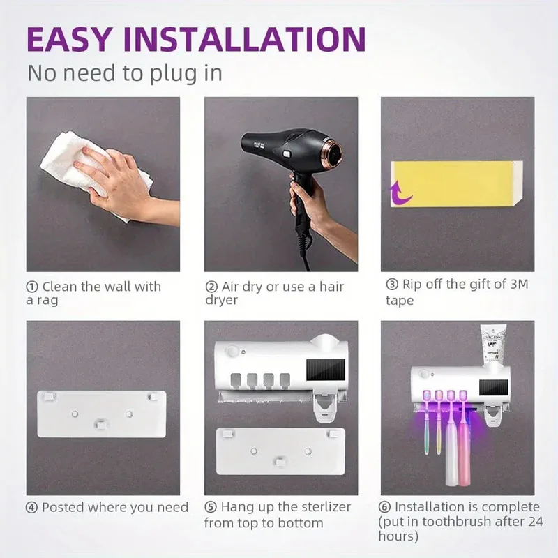 Porte-brosse à dents électrique 3 en 1, désinfection à la lumière bleue améliorée, avec distributeur de dentifrice, chargement USB mural sans perceuse 5