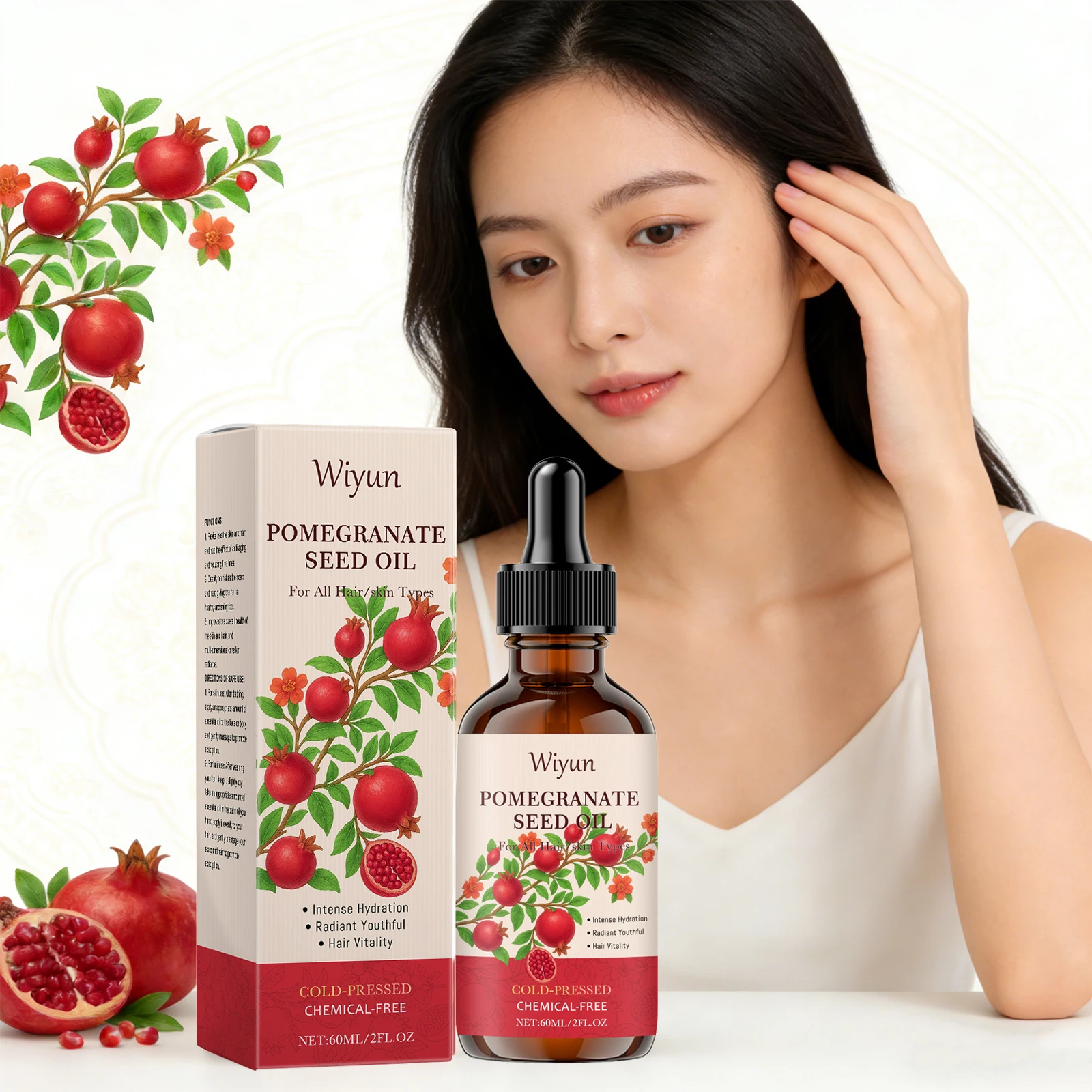 Huile de pépins de grenade pour les soins des cheveux et de la peau, nourrissante pour le cuir chevelu, augmente l'élasticité de la peau, réduit la sécheresse, huile corporelle lissante pressée à froid 3