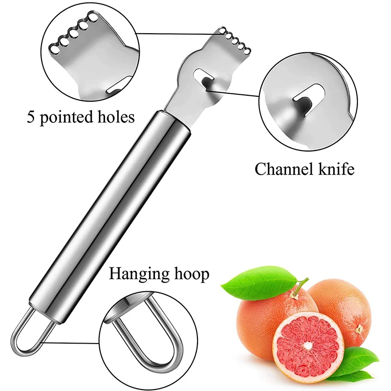 Râpe à citron en acier inoxydable avec couteau à canal et boucle de confrontation, gadgets de cuisine, chauffe-orange, râpe à fruits, couteau à éplucher 4