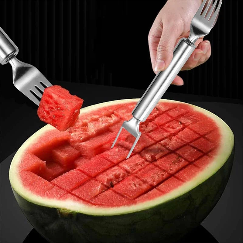 Coupe-fruits 2 en 1 en acier inoxydable, fourchette à pastèque à double tête, outil de trancheur pour Gadget de cuisine domestique, coupe-cube de Melon 4