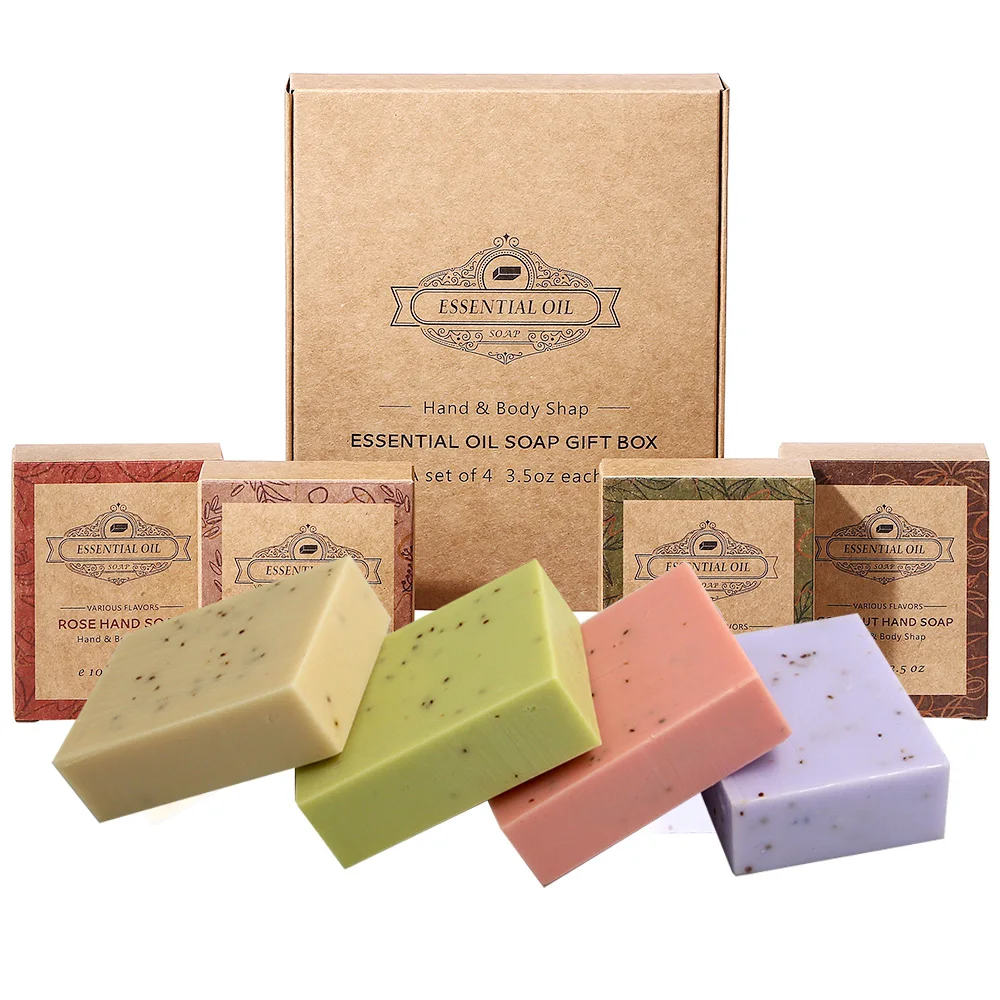 Lot de 4 savons givrés à la lavande - 4, huile essentielle de noix de coco et d'arbre à thé - Boîte en papier kraft pour cadeaux et expérience de voyage luxueuse 1