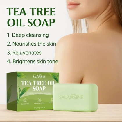 Barre de savon à l'huile d'arbre à thé pour hommes et femmes, nettoyage en profondeur, apaisant pour la peau sèche, soin des odeurs corporelles, exfolie et raffermit la peau, 100g 1