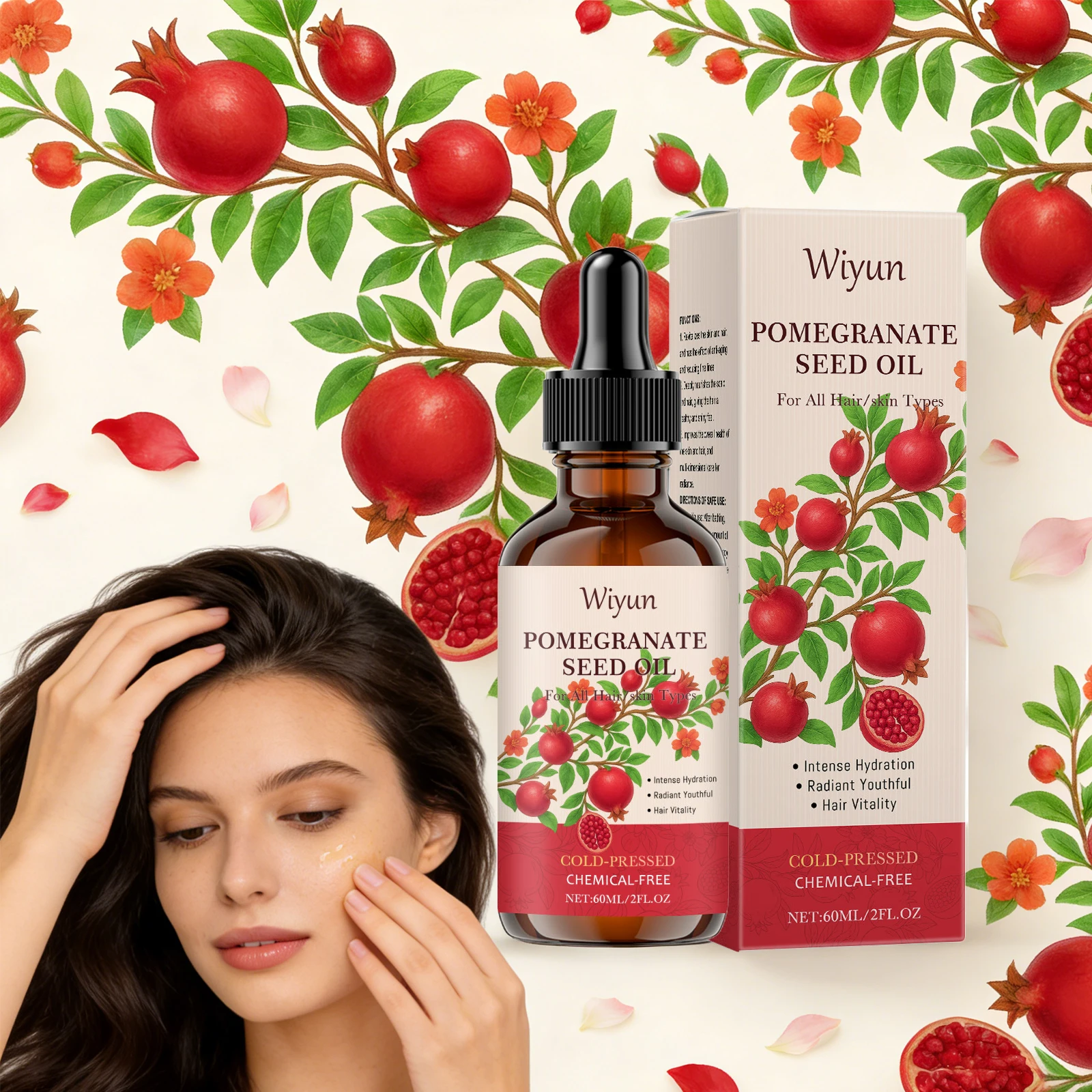 Huile de pépins de grenade pour les soins des cheveux et de la peau, nourrissante pour le cuir chevelu, augmente l'élasticité de la peau, réduit la sécheresse, huile corporelle lissante pressée à froid 2