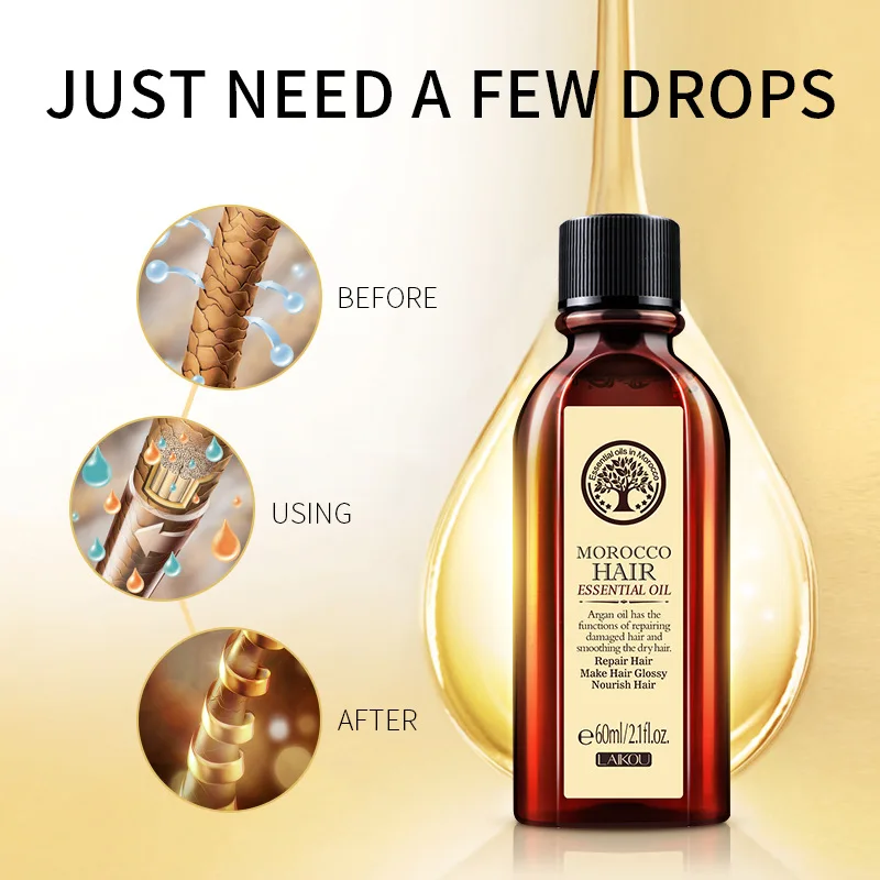 Huile essentielle d'argan Pure marocaine pour soins capillaires, 60ML, pour cheveux secs, produits de soins capillaires multifonctionnels pour femmes 3