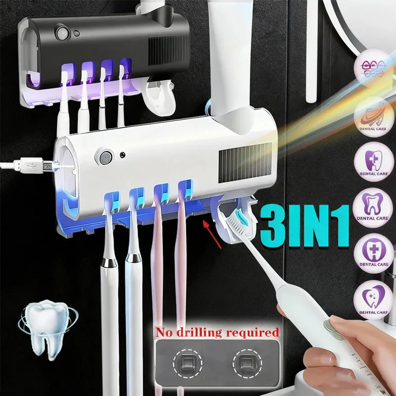 Porte-brosse à dents électrique 3 en 1, désinfection à la lumière bleue améliorée, avec distributeur de dentifrice, chargement USB mural sans perceuse 1