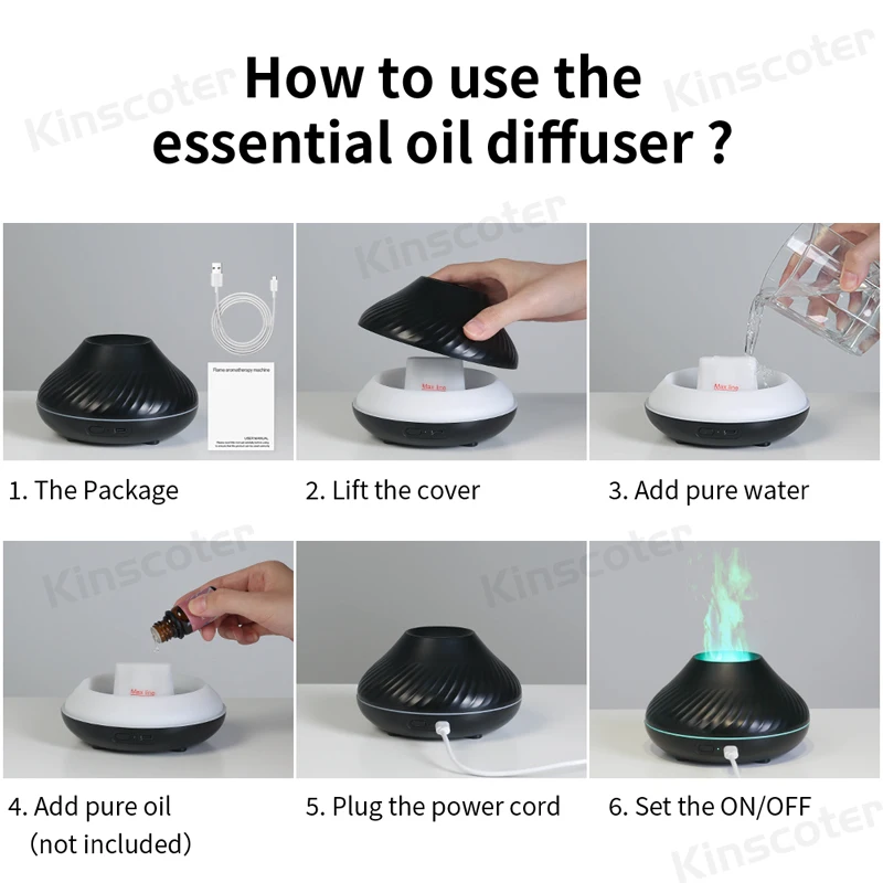 Kinscoter diffuseur d'arôme volcanique lampe à huile essentielle 130ml USB humidificateur d'air Portable avec veilleuse de flamme de couleur 6