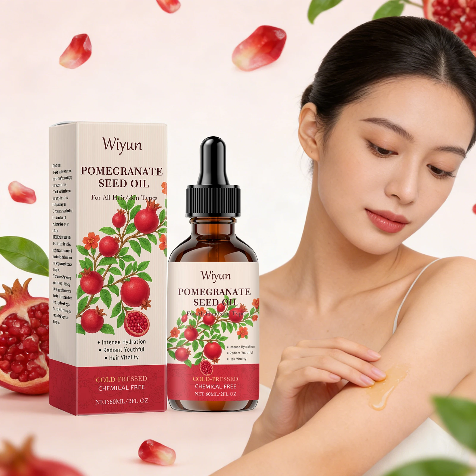 Huile de pépins de grenade pour les soins des cheveux et de la peau, nourrissante pour le cuir chevelu, augmente l'élasticité de la peau, réduit la sécheresse, huile corporelle lissante pressée à froid 5
