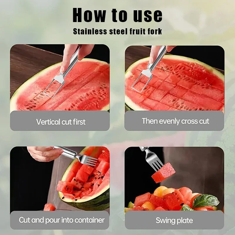 Coupe-fruits 2 en 1 en acier inoxydable, fourchette à pastèque à double tête, outil de trancheur pour Gadget de cuisine domestique, coupe-cube de Melon 5
