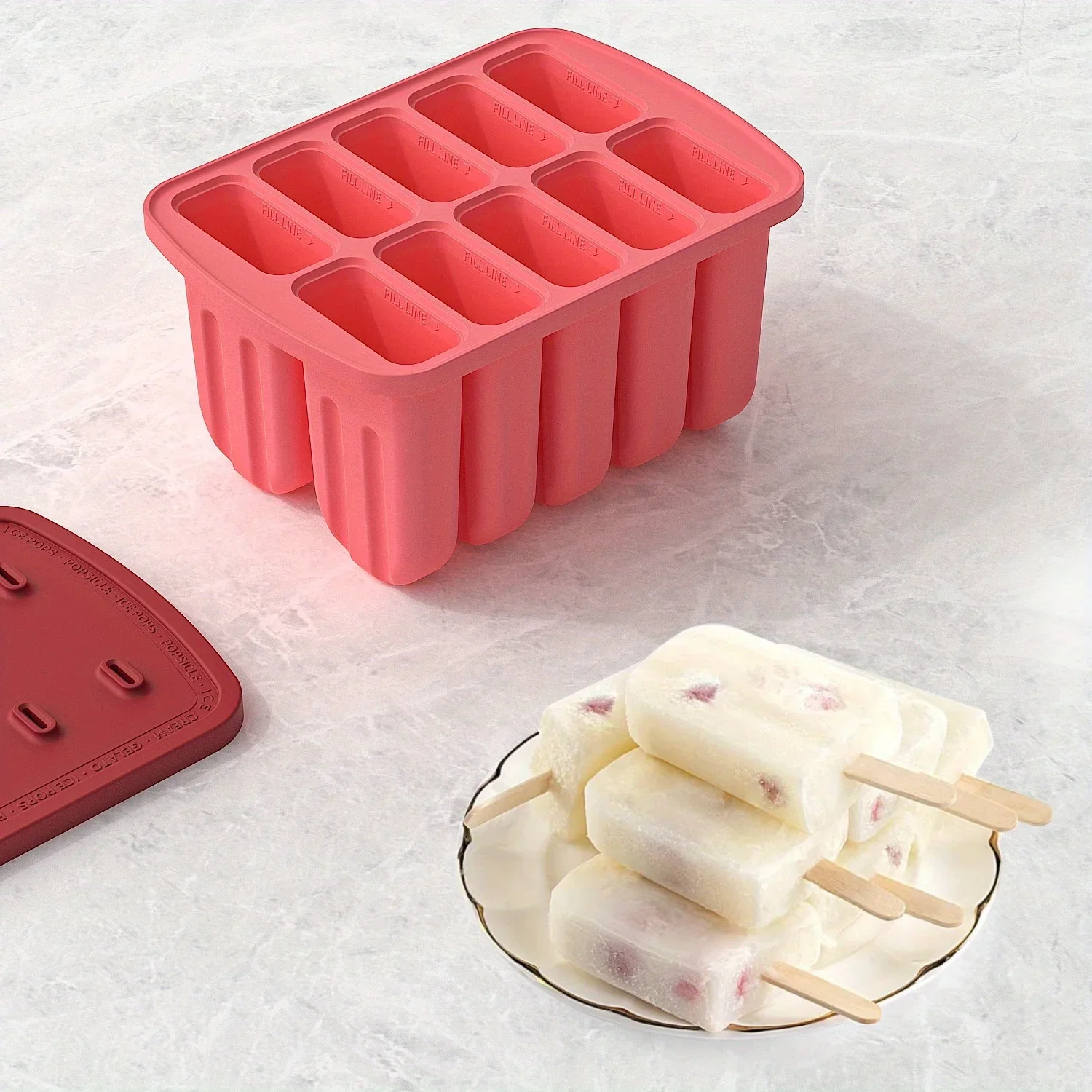 Moules à sucettes en Silicone à 10 cavités, grands moules à sucettes en Silicone, moule à glace avec 50 bâtons de Popsicle 5