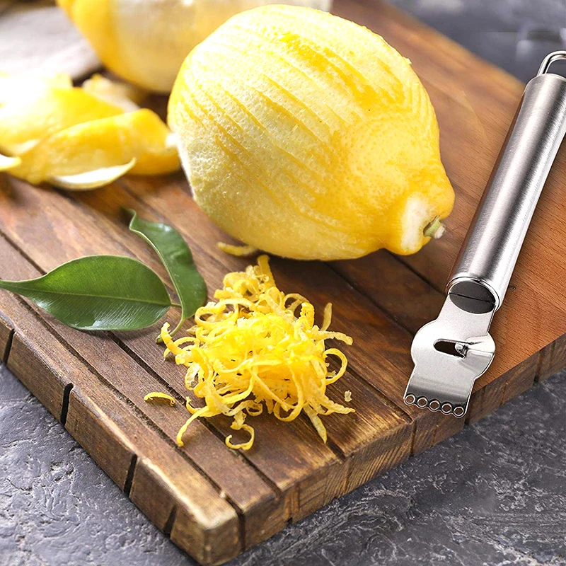 Râpe à citron en acier inoxydable avec couteau à canal et boucle de confrontation, gadgets de cuisine, chauffe-orange, râpe à fruits, couteau à éplucher 1
