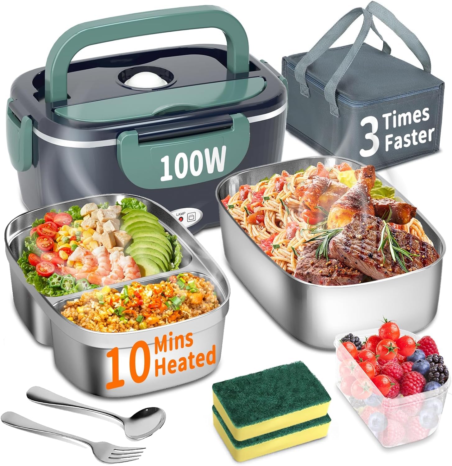 SOOOEC Boîte à déjeuner électrique 100 W, 3 en 1, portable, (Bleu, 1.5 L)